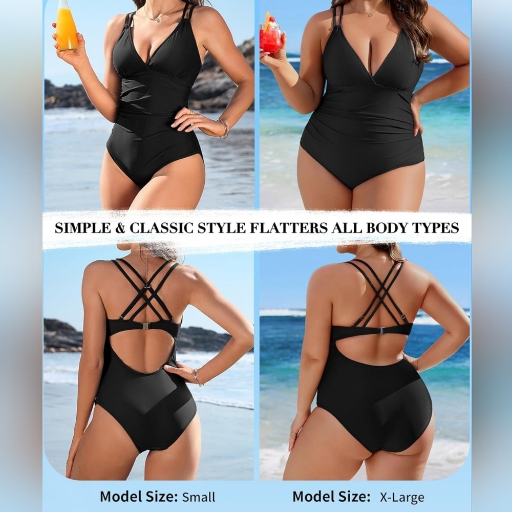 Charmo Tummy control one piece swimsuit Ruched Strappy V Neck NWT SZ MED…